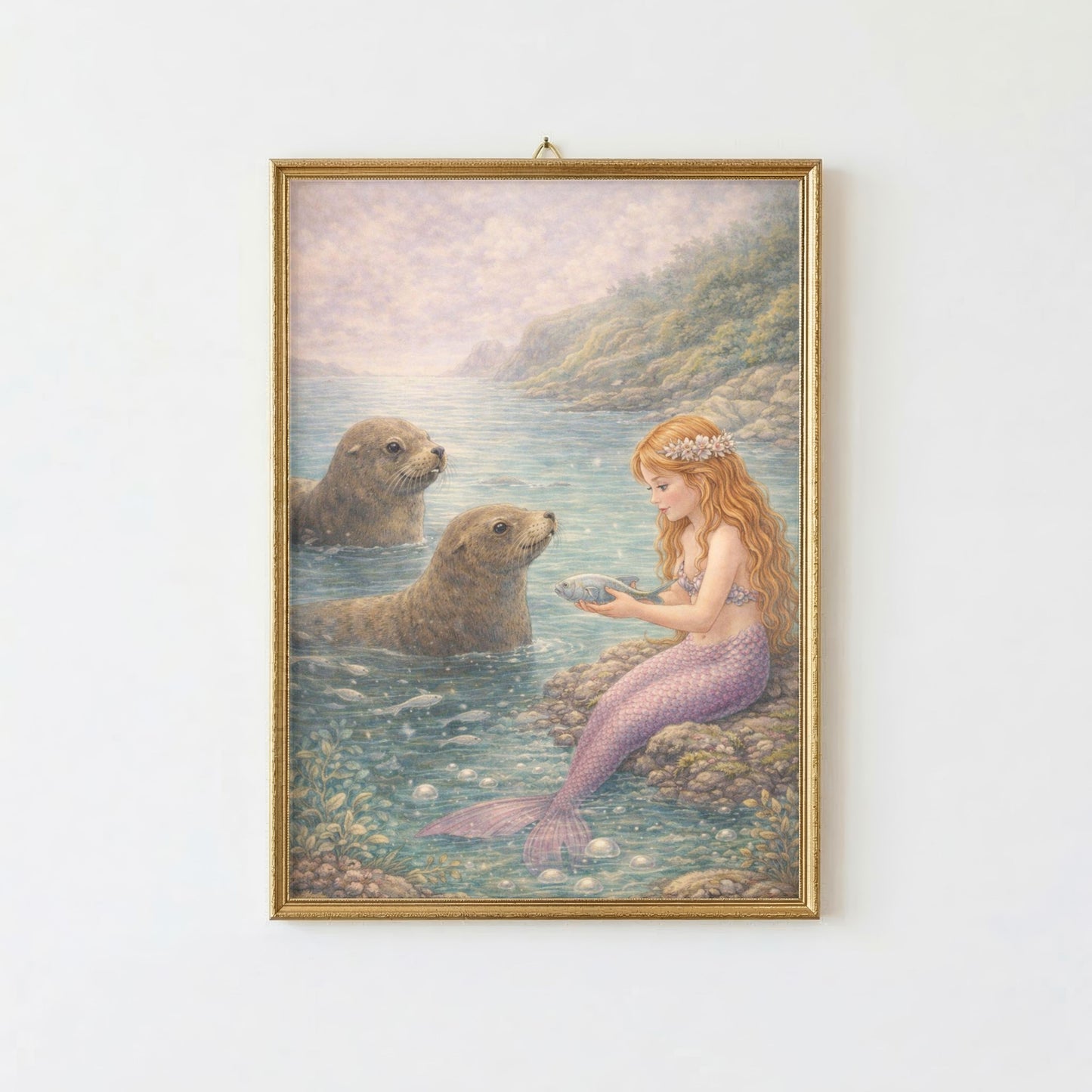 Morning Offering Mermaid Art Print | Australian Fur Seal Digital Download | Coastal Mermaid Wall Art | Watercolour Illustration Print