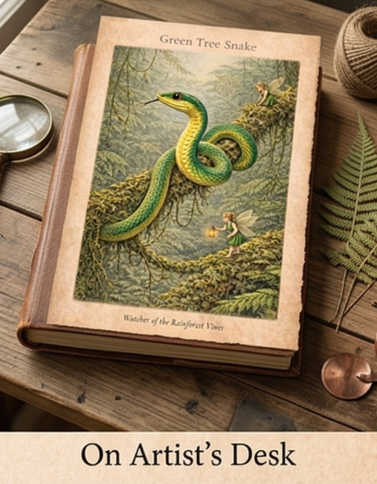 Green Tree Snake Art Print | Australian Reptile Digital Download | Fairy Rainforest Wall Art | Vintage Naturalist Illustration