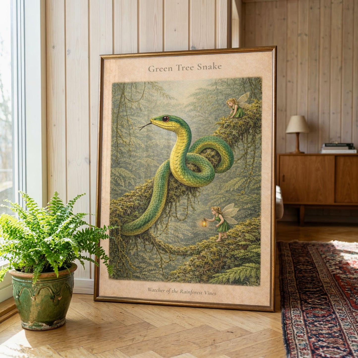Green Tree Snake Art Print | Australian Reptile Digital Download | Fairy Rainforest Wall Art | Vintage Naturalist Illustration