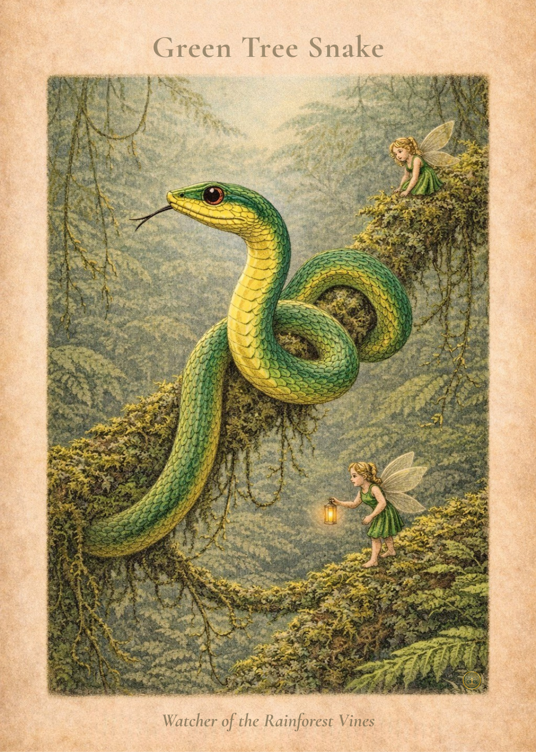 Green Tree Snake Art Print | Australian Reptile Digital Download | Fairy Rainforest Wall Art | Vintage Naturalist Illustration