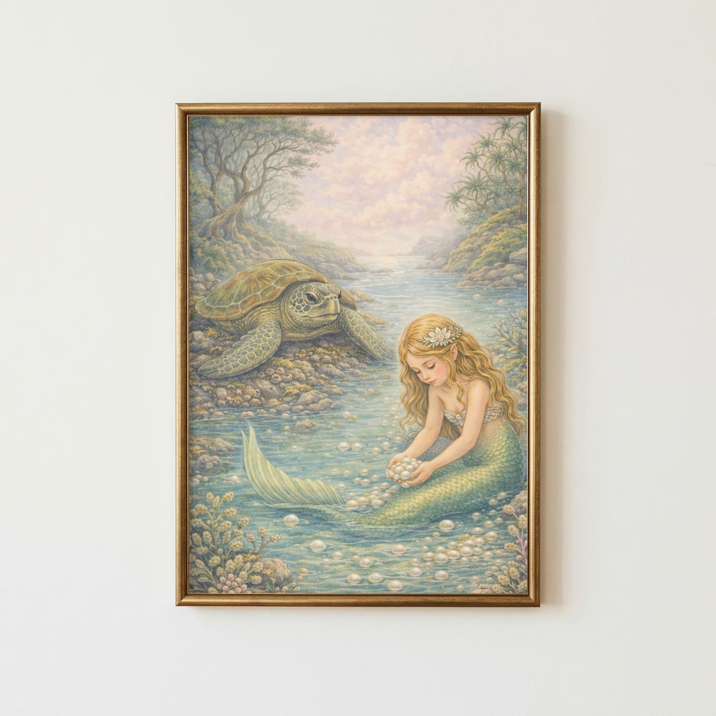 Nature's Pearls Mermaid Art Print | Sea Turtle Digital Download | Coastal Mermaid Wall Art | Watercolour Illustration Print