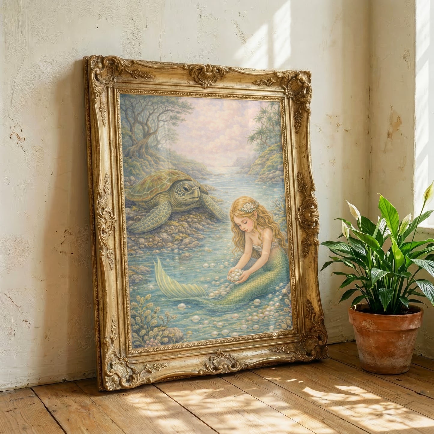 Nature's Pearls Mermaid Art Print | Sea Turtle Digital Download | Coastal Mermaid Wall Art | Watercolour Illustration Print