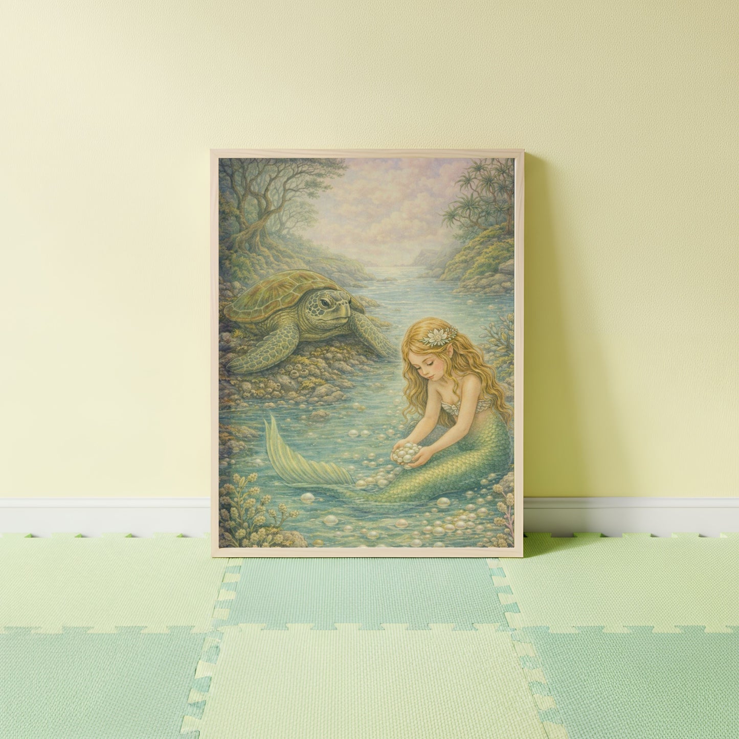 Nature's Pearls Mermaid Art Print | Sea Turtle Digital Download | Coastal Mermaid Wall Art | Watercolour Illustration Print