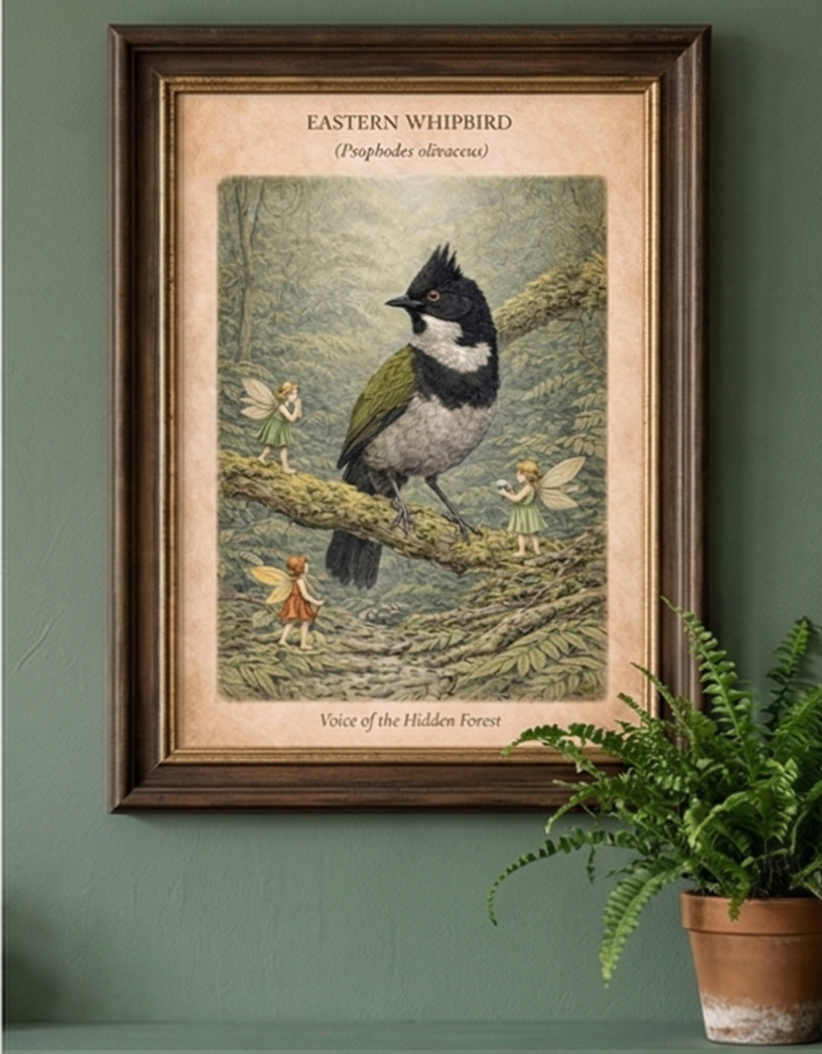 Eastern Whipbird Art Print | Australian Rainforest Bird Digital Download | Fairy Wall Art | Vintage Naturalist Illustration Print