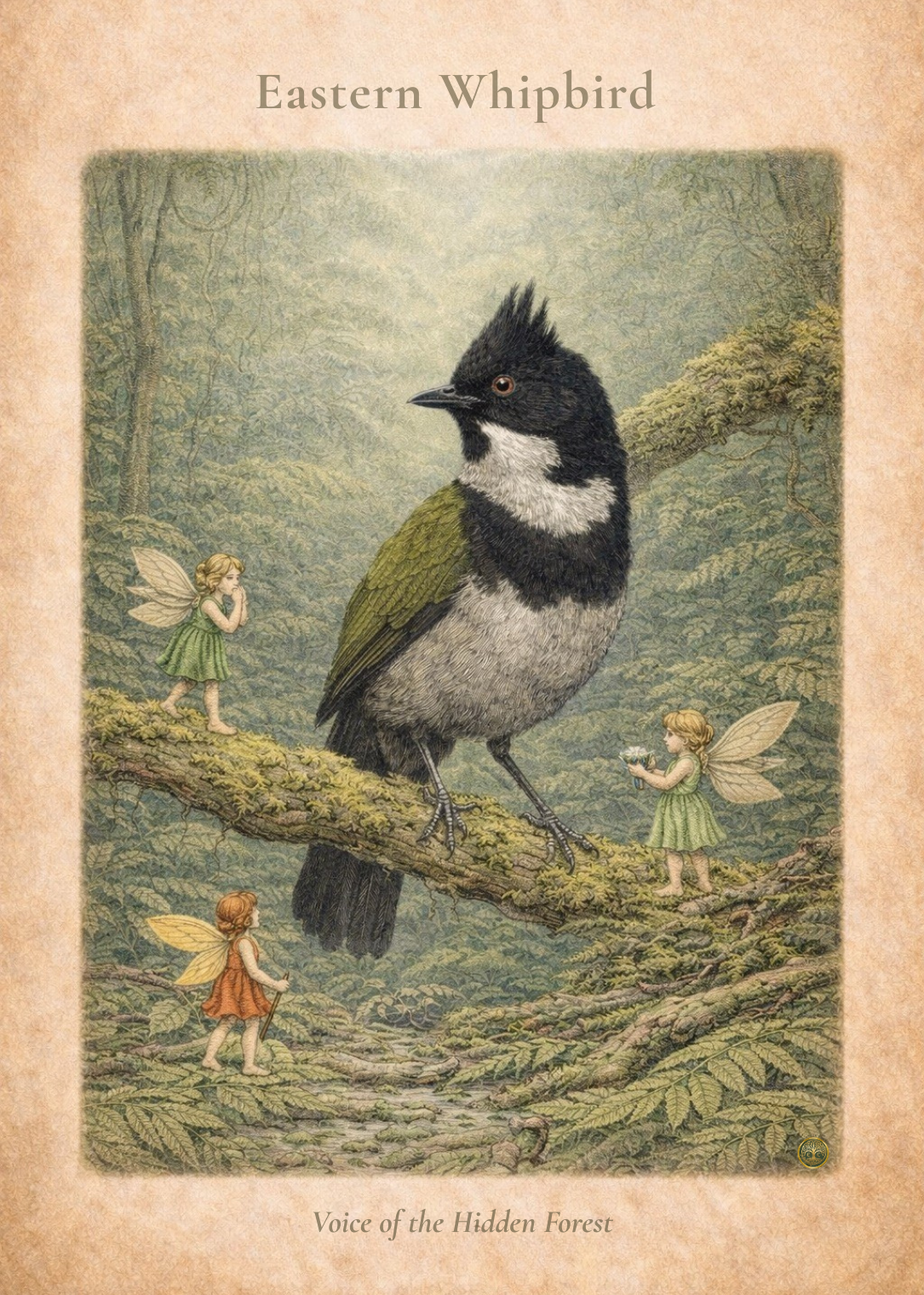 Eastern Whipbird Art Print | Australian Rainforest Bird Digital Download | Fairy Wall Art | Vintage Naturalist Illustration Print