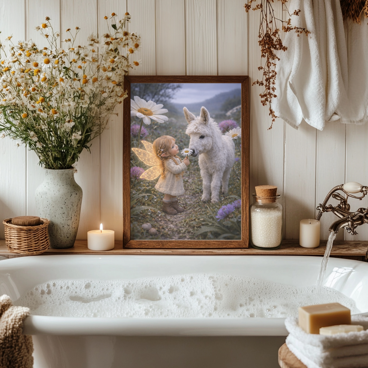 Daisy Days Fairy Art Print | White Donkey Digital Download | Whimsical Fairy Wall Art | Fairymount Tiny Companions