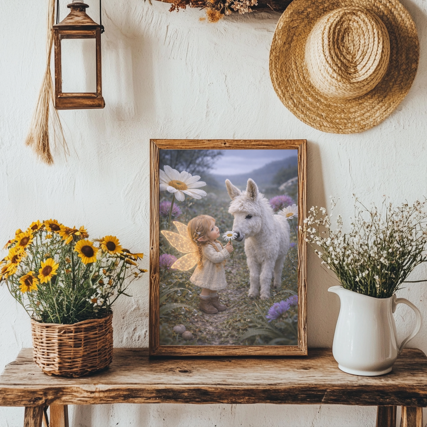 Daisy Days Fairy Art Print | White Donkey Digital Download | Whimsical Fairy Wall Art | Fairymount Tiny Companions