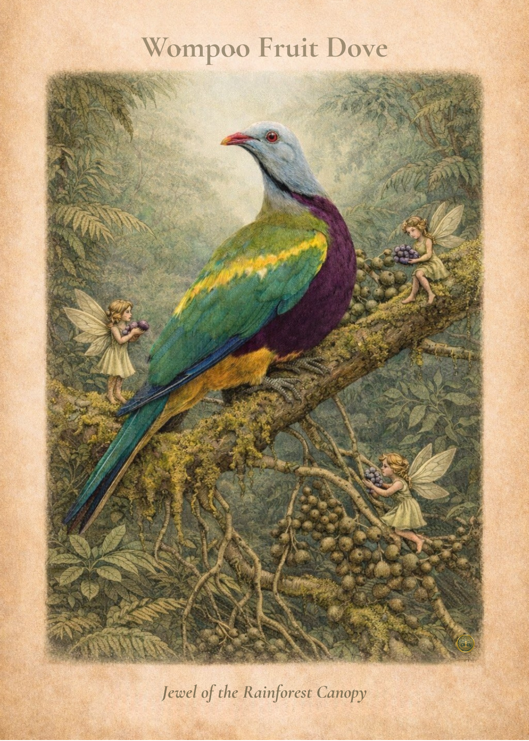 Wompoo Fruit Dove Art Print | Australian Bird Digital Download | Fairy Rainforest Wall Art | Vintage Naturalist Illustration Print