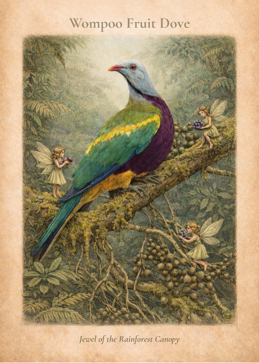 Wompoo Fruit Dove Art Print | Australian Bird Digital Download | Fairy Rainforest Wall Art | Vintage Naturalist Illustration Print